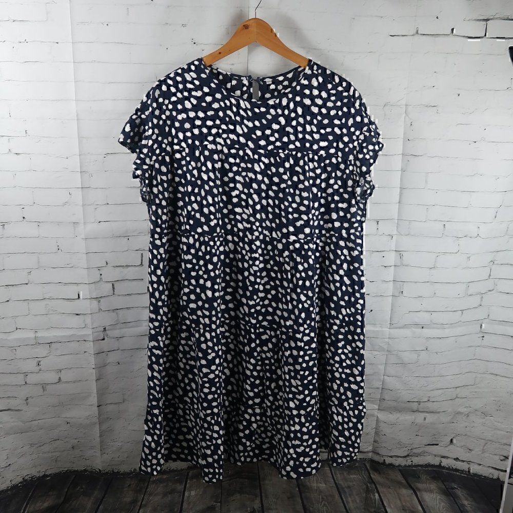 NAVY BLUE WITH WHITE DESIGN ROUND NECK RUFFLE CAP SLEEVE BABYDOLL DRESS 2XL